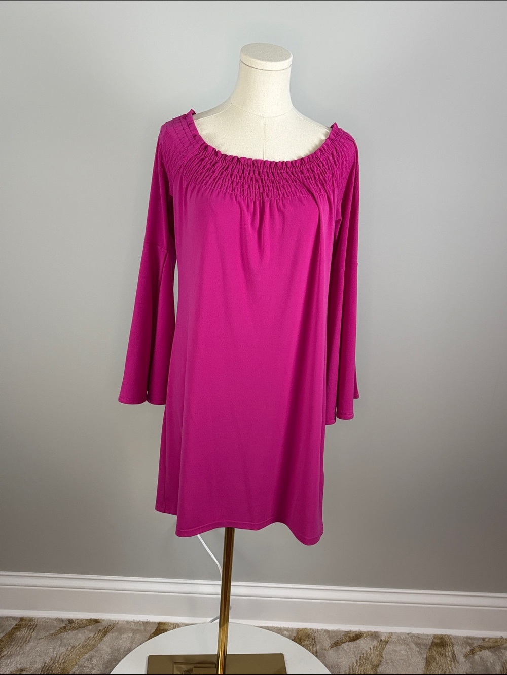 Express Smocked Square Neck Bell Sleeve Tunic - Fuchsia
